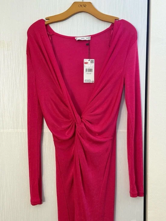 Mango Pink Deep V Twist Front Maxi Long Sleeve Bodycon Slit Dress - Picture 5 of 8